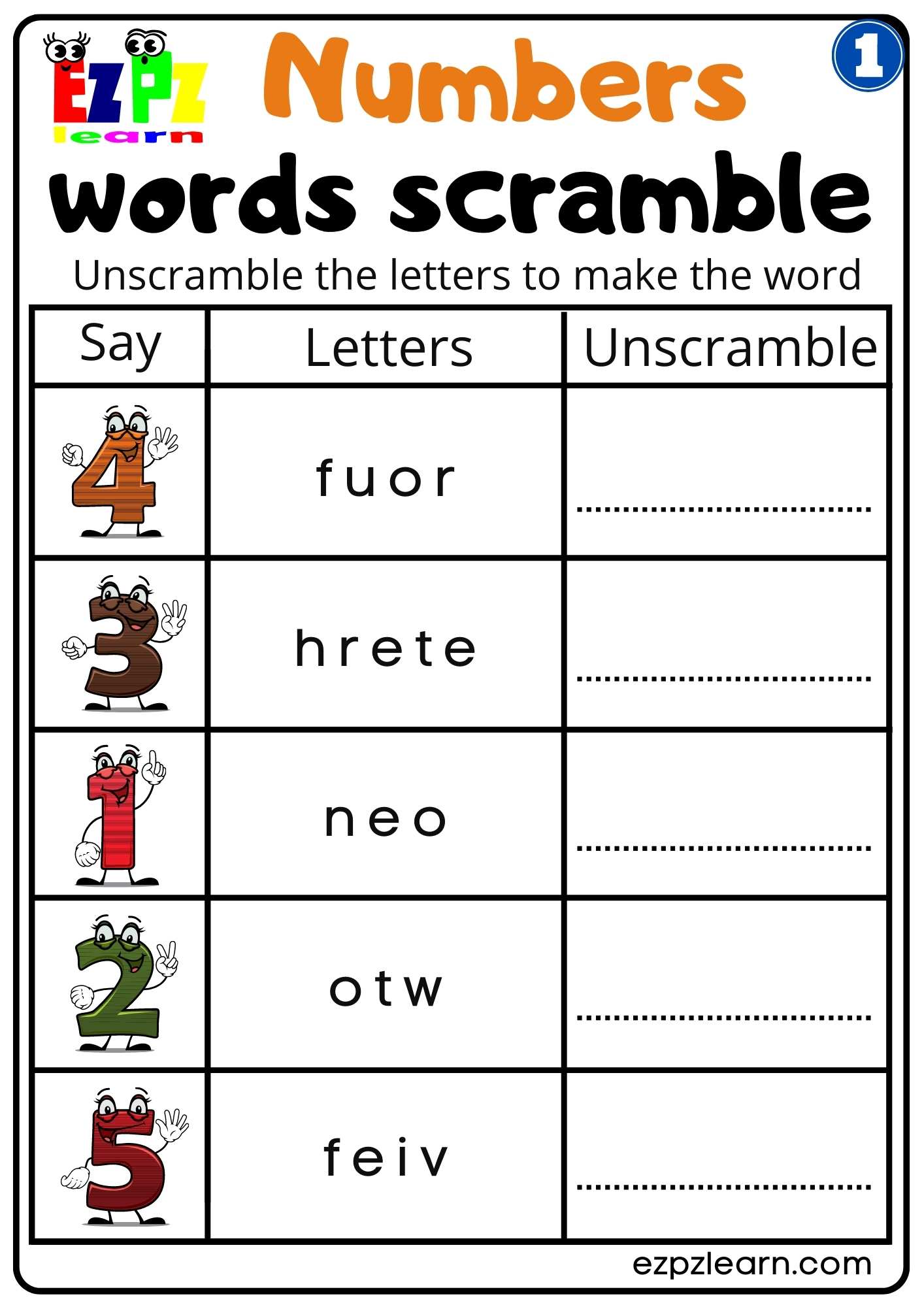 G1 Numbers Word Scramble Worksheet for Kindergarten K5 and ESL Students